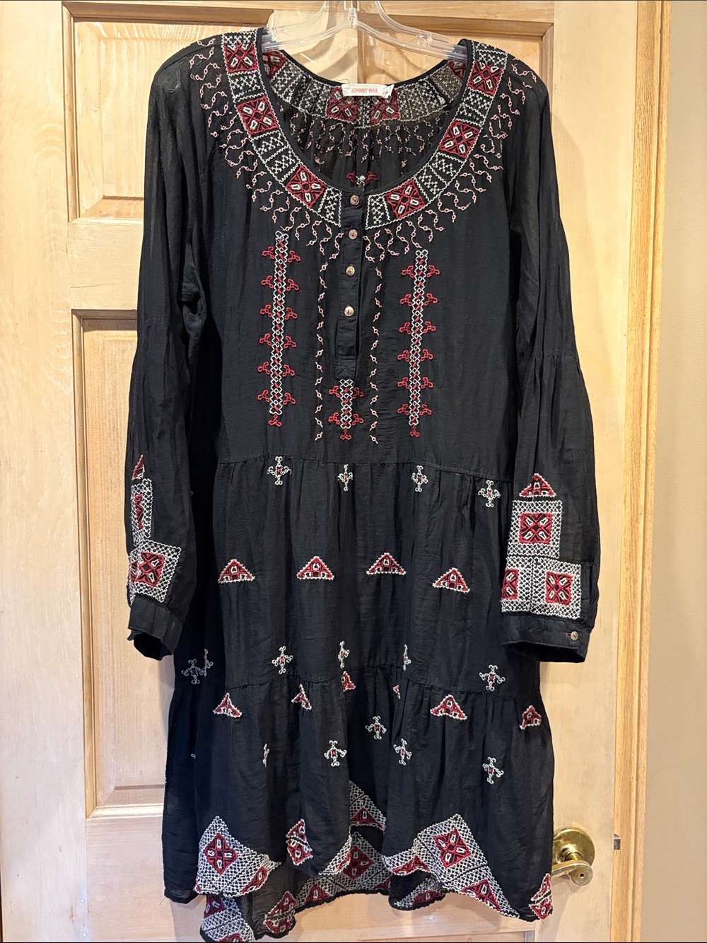 Johnny Was Black Long-Sleeve Embroidered Dress with Red & White Accents XL